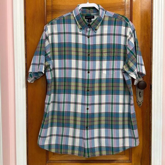 Lands’ End Green Blue Short Sleeve Button Down Men’s US Large - Picture 1 of 5